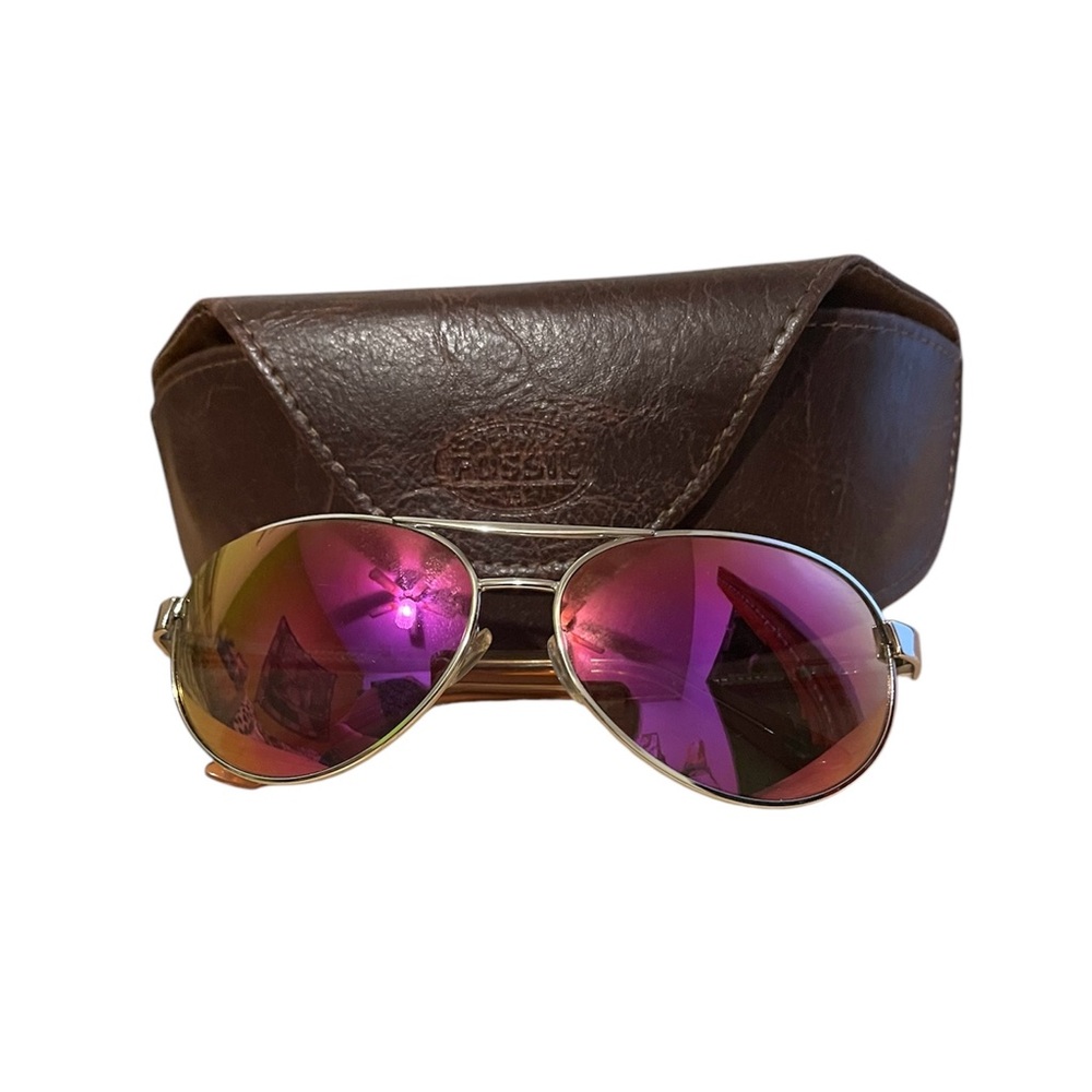 Fossil aviator sunglasses with reflective rainbow lens and brown case